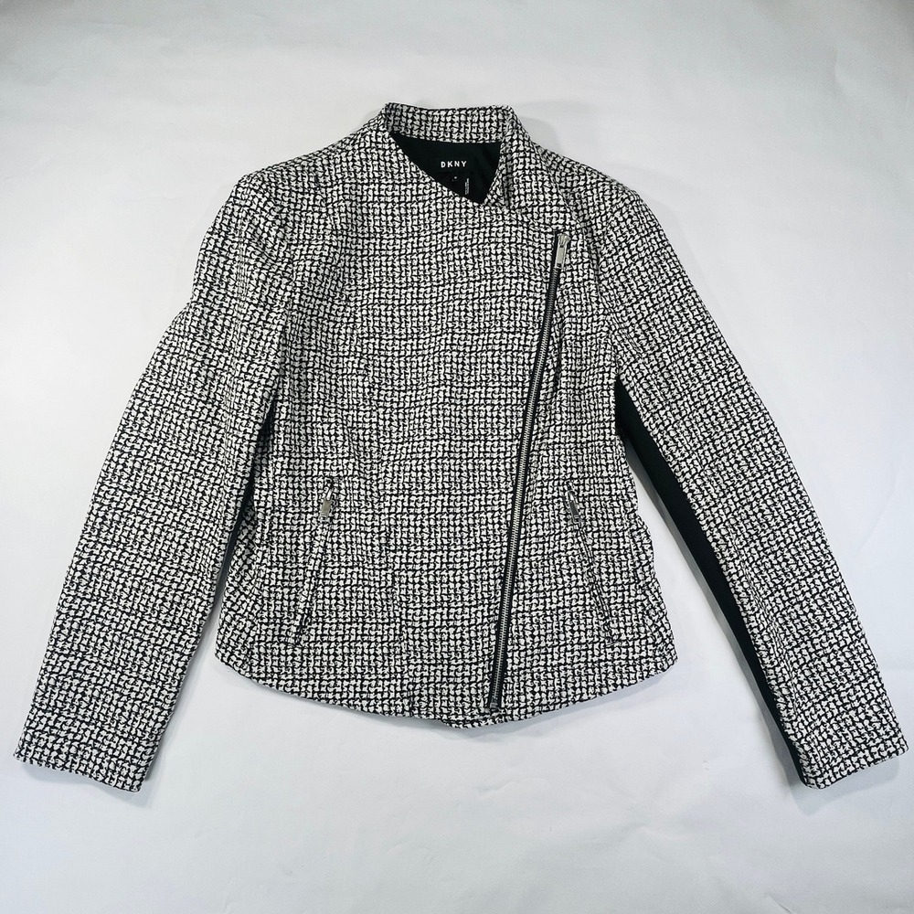 DKNY Asymmetrical Zip Moto Jacket Womens 10 Black White Modern Fashion‎ Blazer